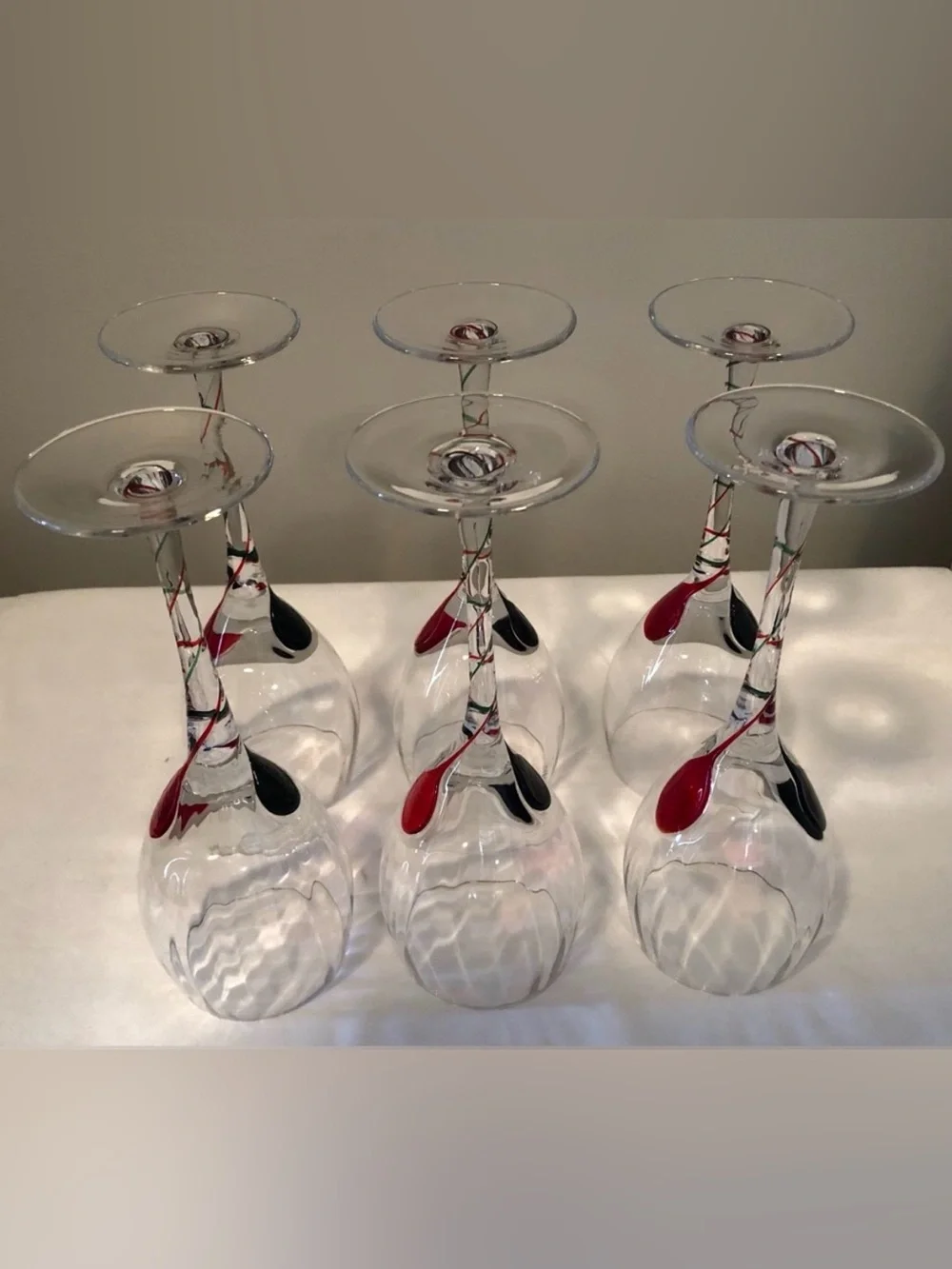 Pier 1 Hand Blown Optic Ribbon Wine Glasses 6, Green&Red Glass Drops&Spiral Stem